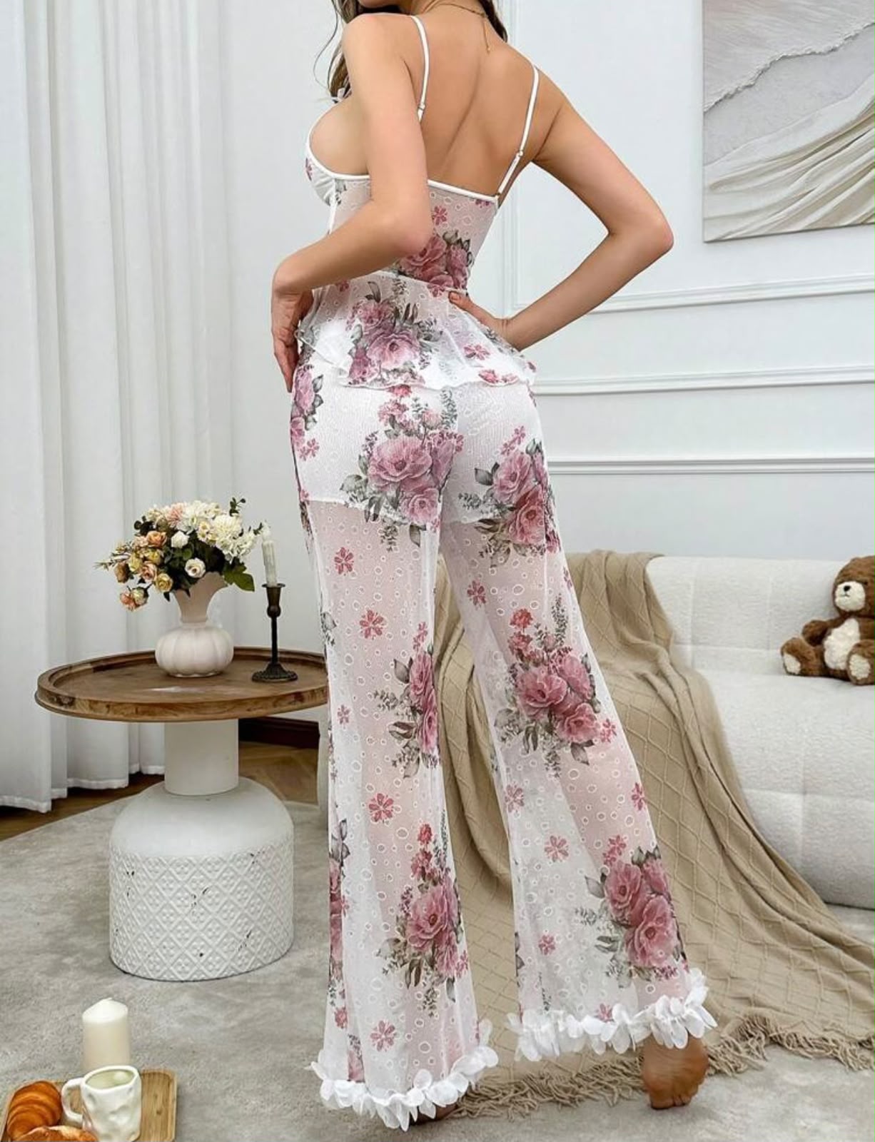 Pyjama 2 Pièces Dentelle Fleurie & Pantalon Évasé – Image 4
