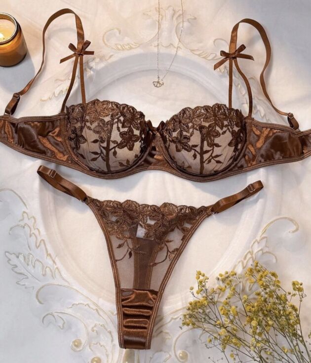 Ensemble Lingerie Marron Chocolat & Dentelle Brodée