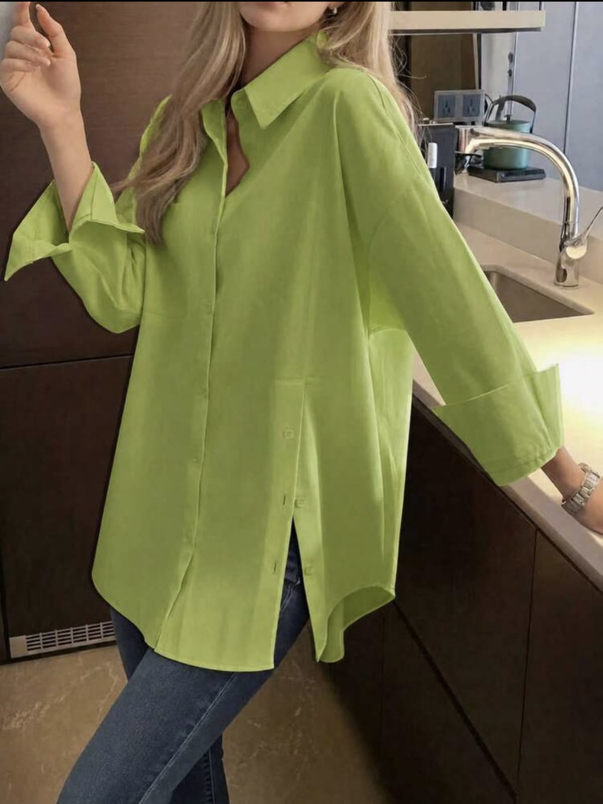 Chemise Casual Longue Vert Pistache – Image 3