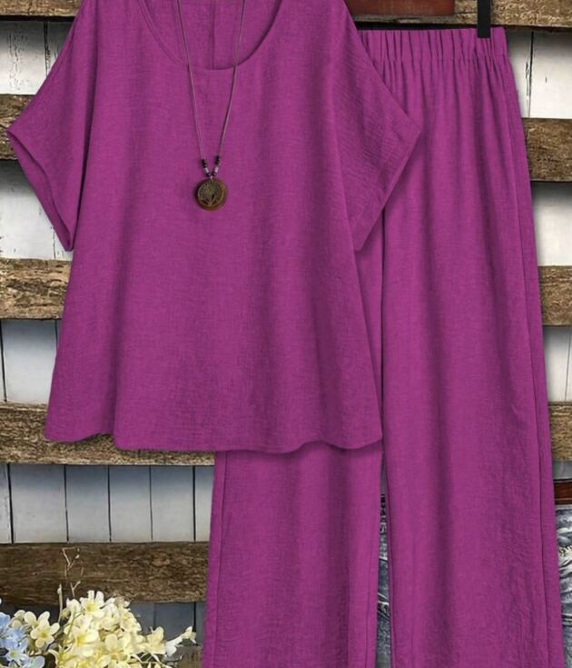 Ensemble 2 Pièces Lin Fuchsia Haut & Pantalon Large