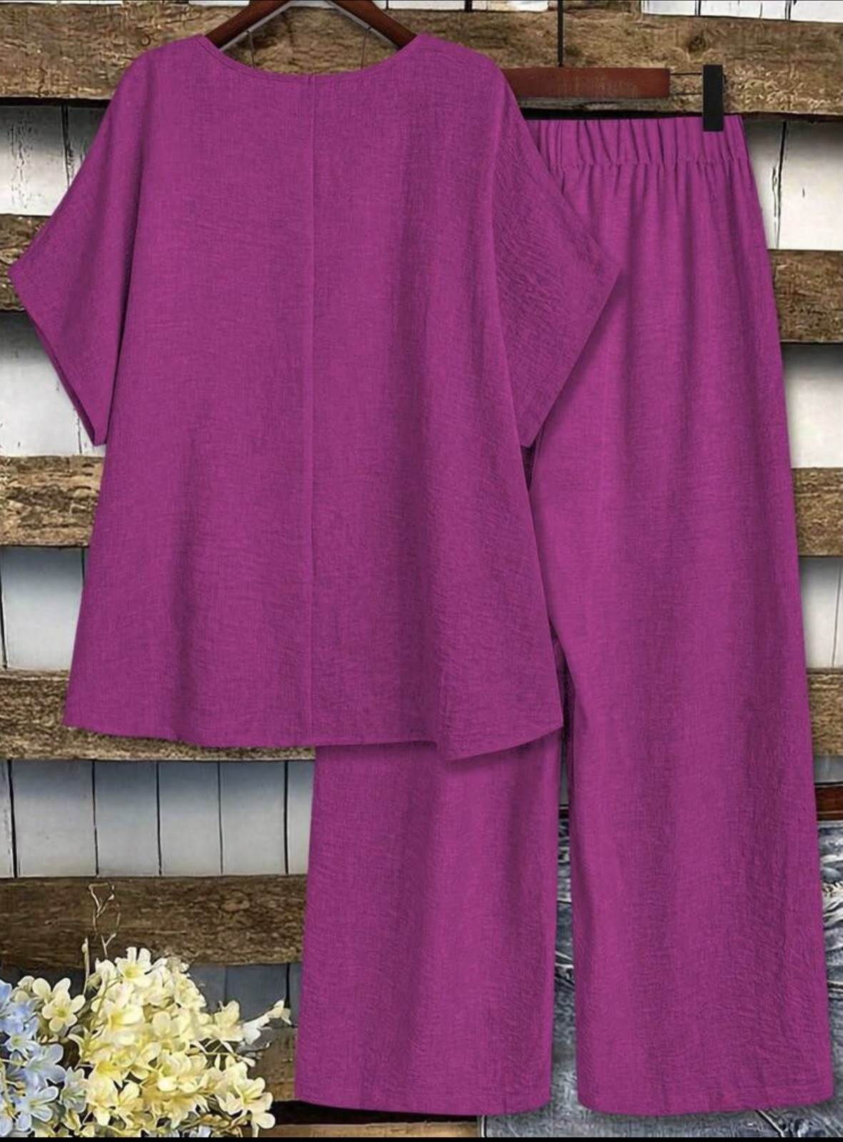 Ensemble 2 Pièces Lin Fuchsia Haut & Pantalon Large – Image 2