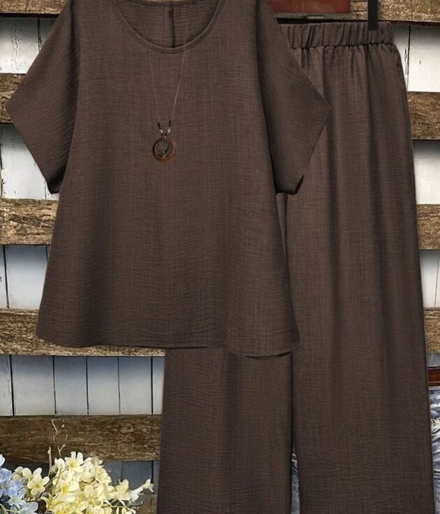 Ensemble 2 Pièces Lin Marron Chocolat Haut & Pantalon Large