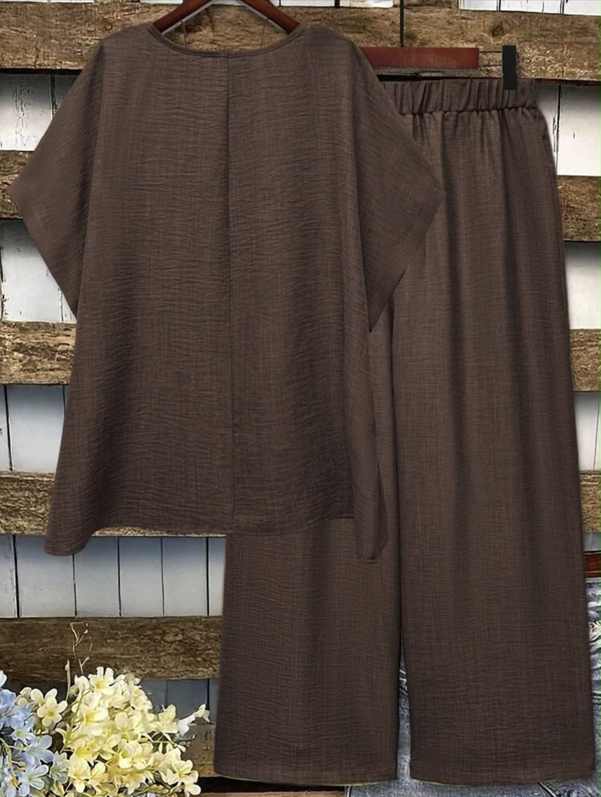 Ensemble 2 Pièces Lin Marron Chocolat Haut & Pantalon Large – Image 2