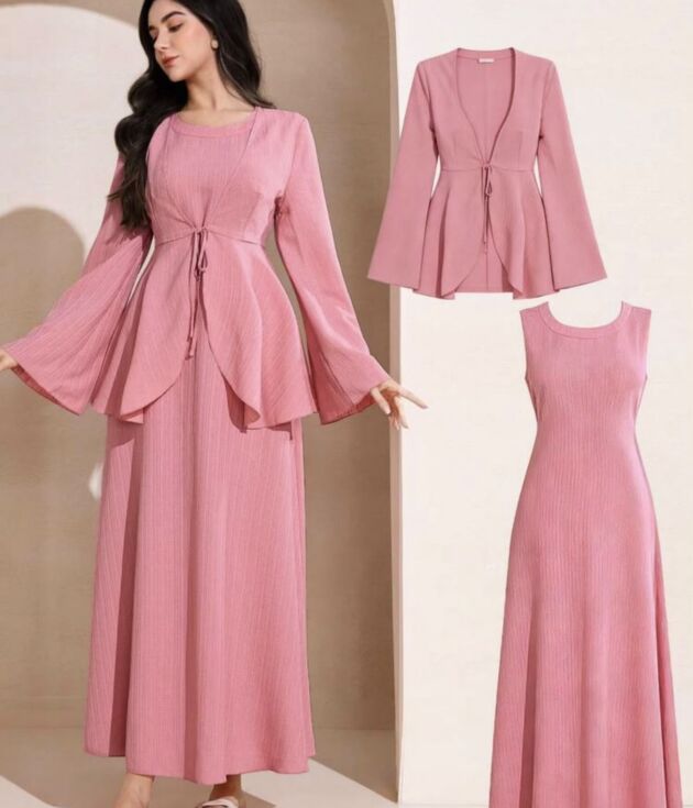 Ensemble 2 Pièces Robe Longue & Veste Rose Poudré