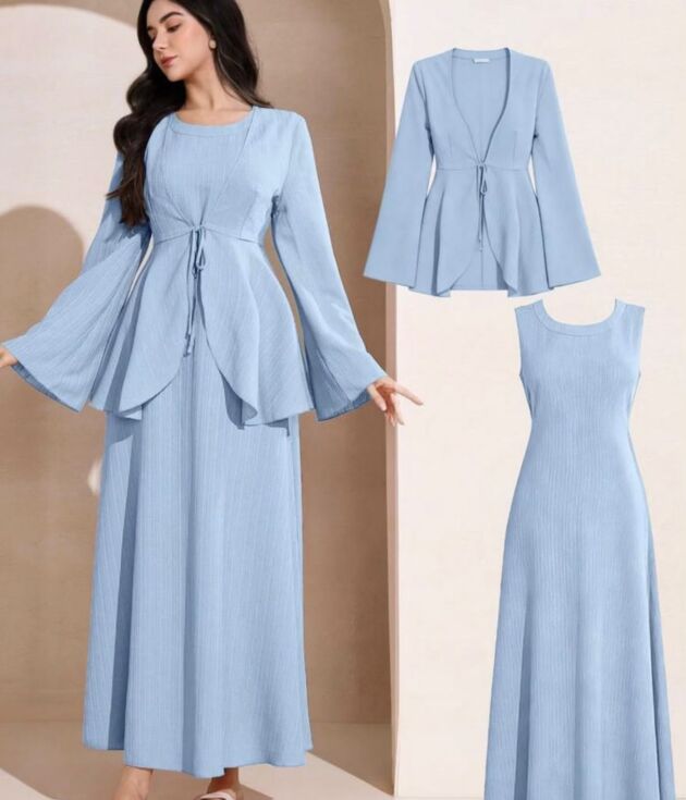 Ensemble 2 Pièces Robe Longue & Veste Bleu Ciel