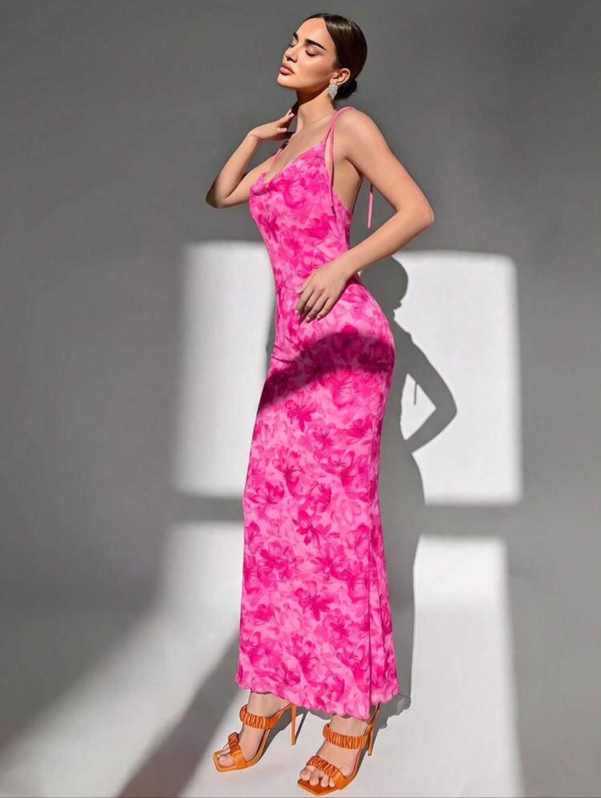 Robe Longue Rose Fuchsia Imprimé Floral & Col Drapé – Image 4
