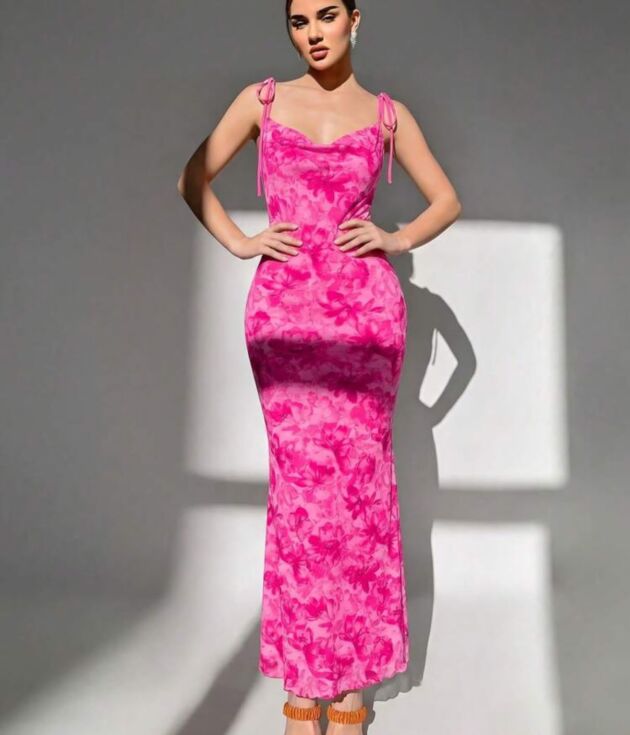 Robe Longue Rose Fuchsia Imprimé Floral & Col Drapé