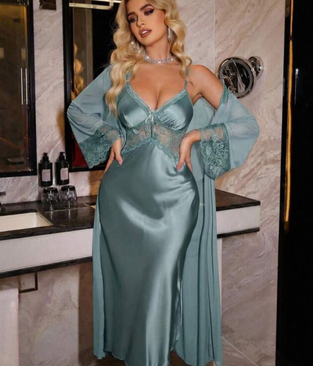 Ensemble Nuisette Satin & Peignoir Vert Sauge