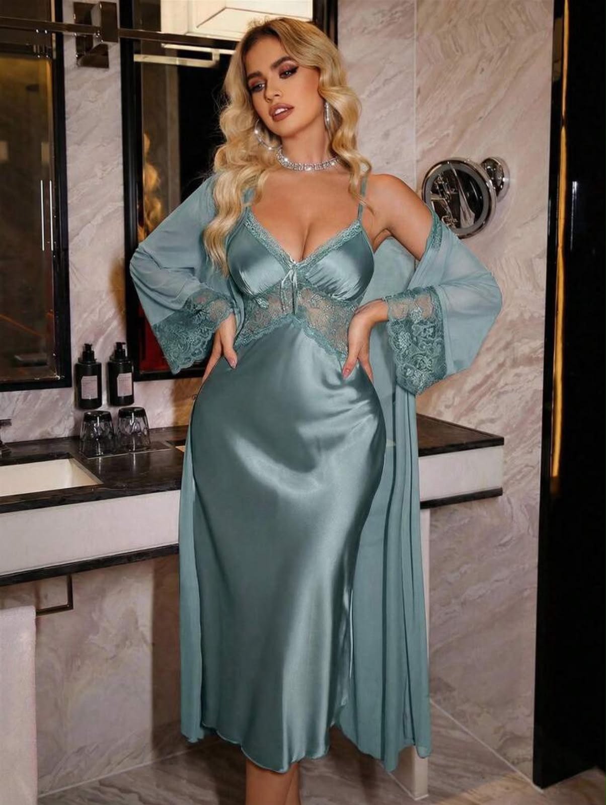 Ensemble Nuisette Satin & Peignoir Vert Sauge