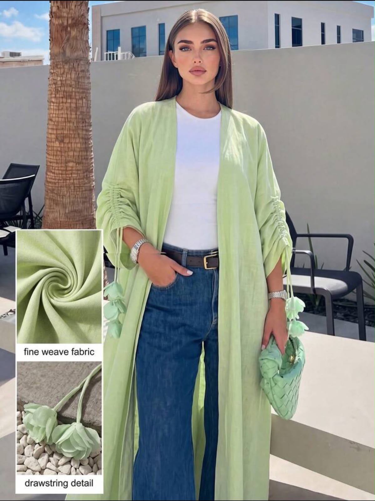 Kimono Abaya Ouvert Vert Menthe Effet Lin