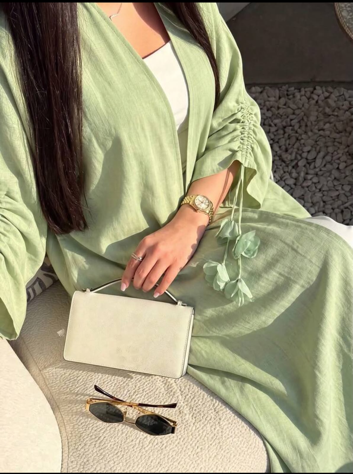 Kimono Abaya Ouvert Vert Menthe Effet Lin – Image 4