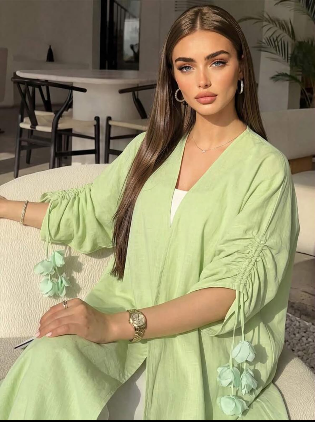 Kimono Abaya Ouvert Vert Menthe Effet Lin – Image 3