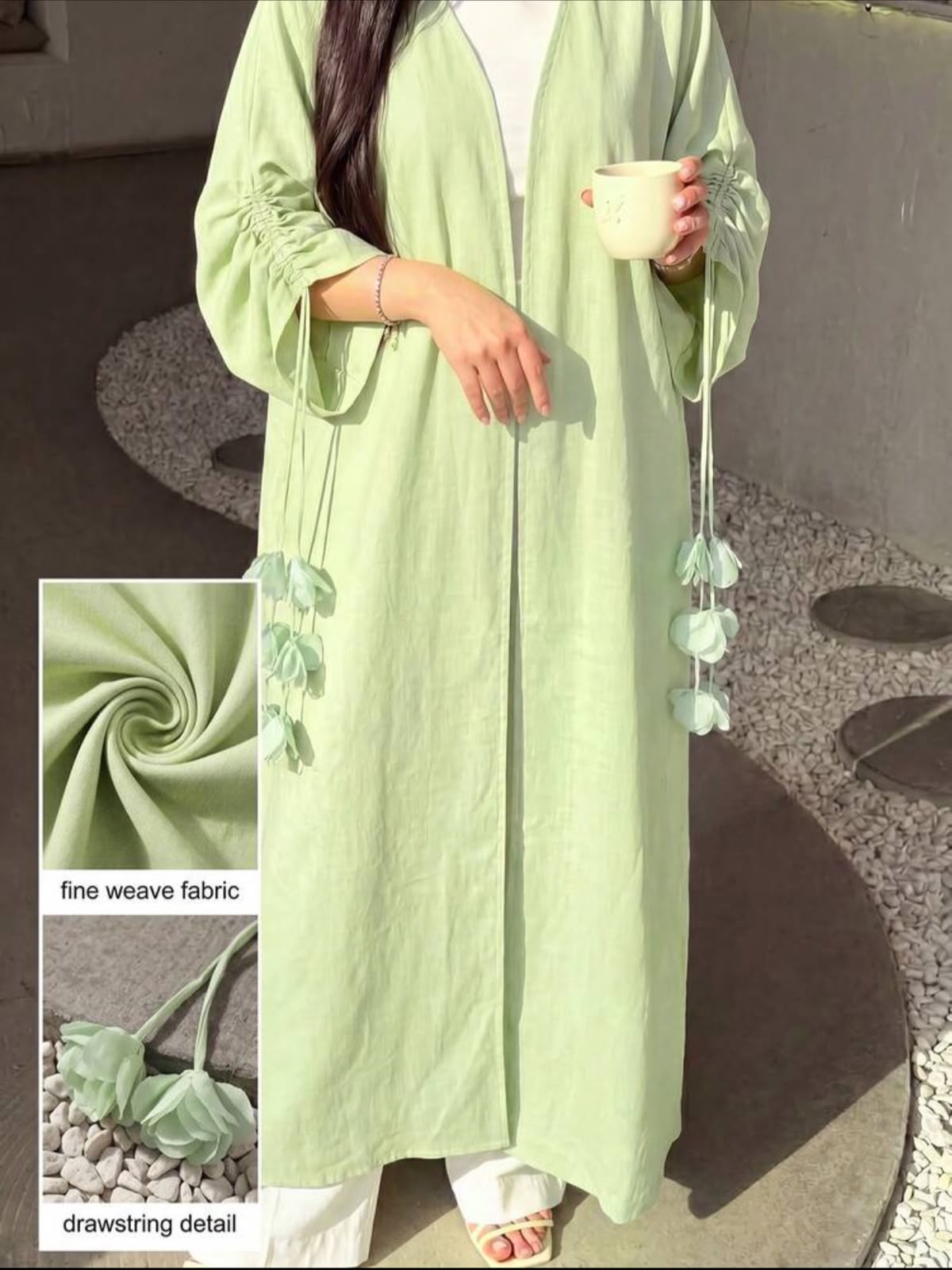 Kimono Abaya Ouvert Vert Menthe Effet Lin – Image 5
