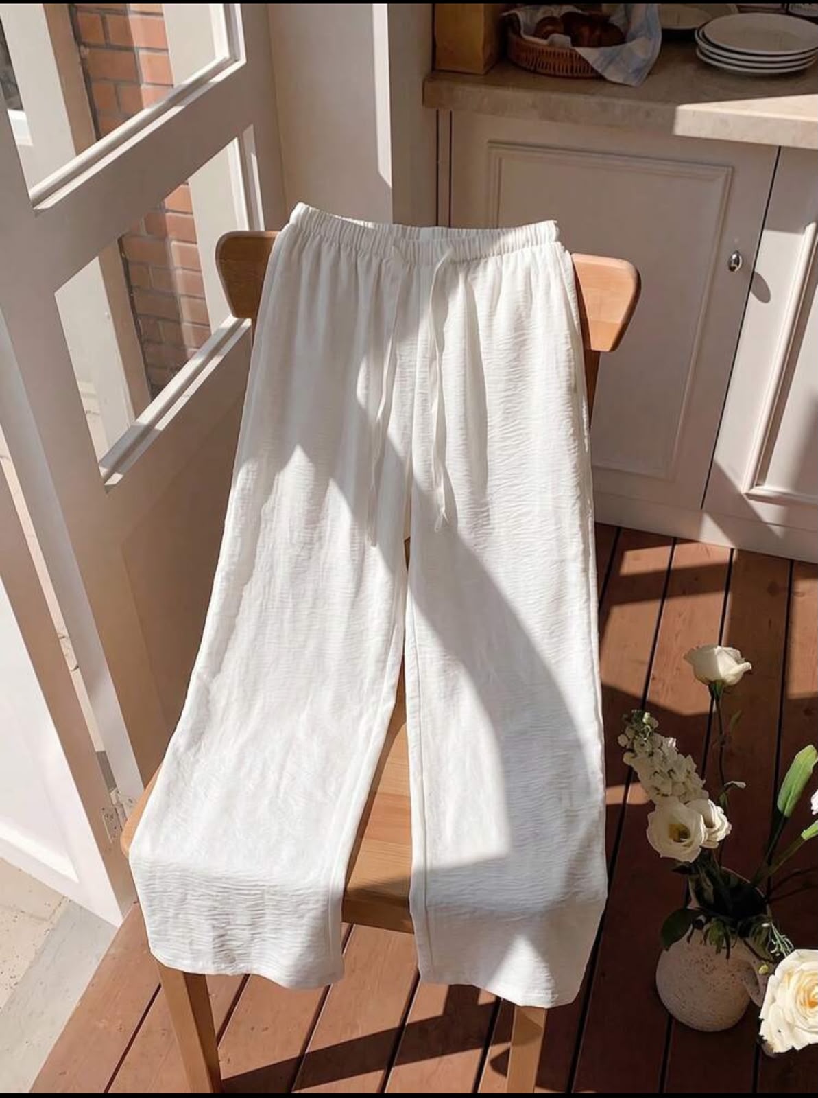 Pantalon Large Coton-Lin Gaufré Blanc – Image 4