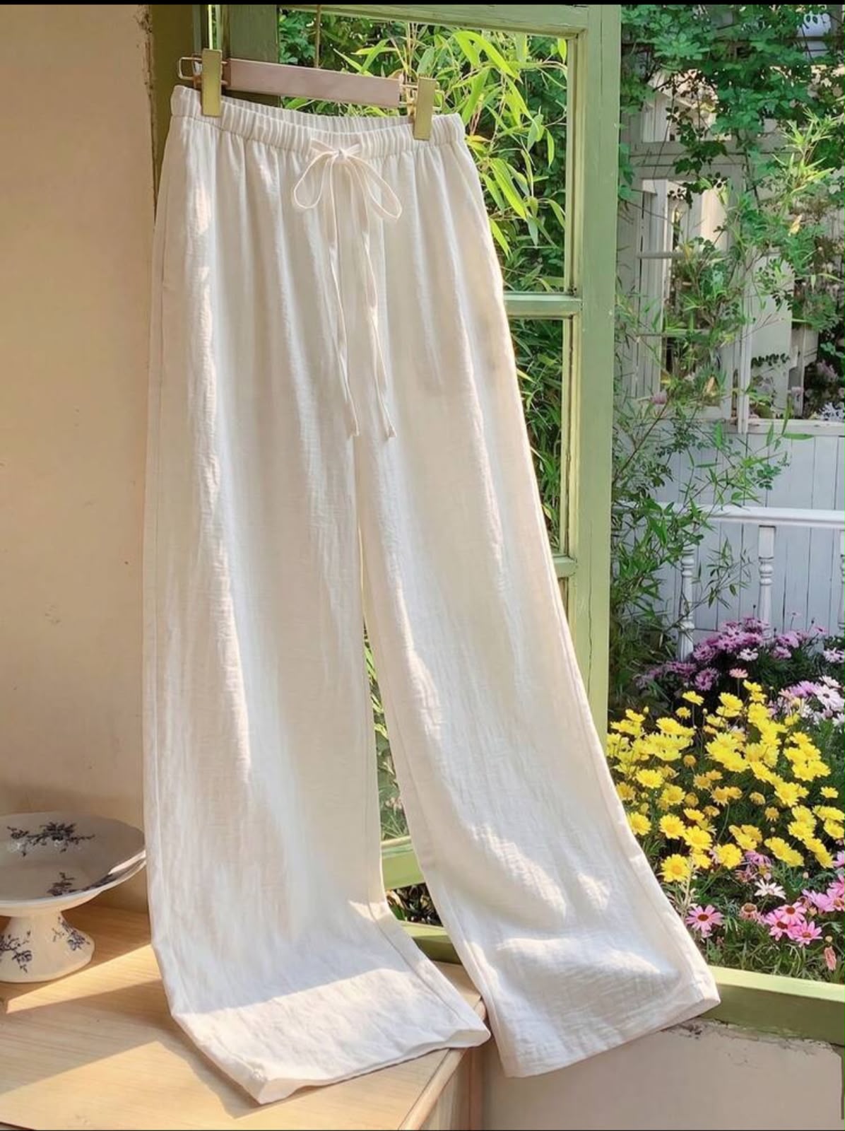 Pantalon Large Coton-Lin Gaufré Blanc – Image 3