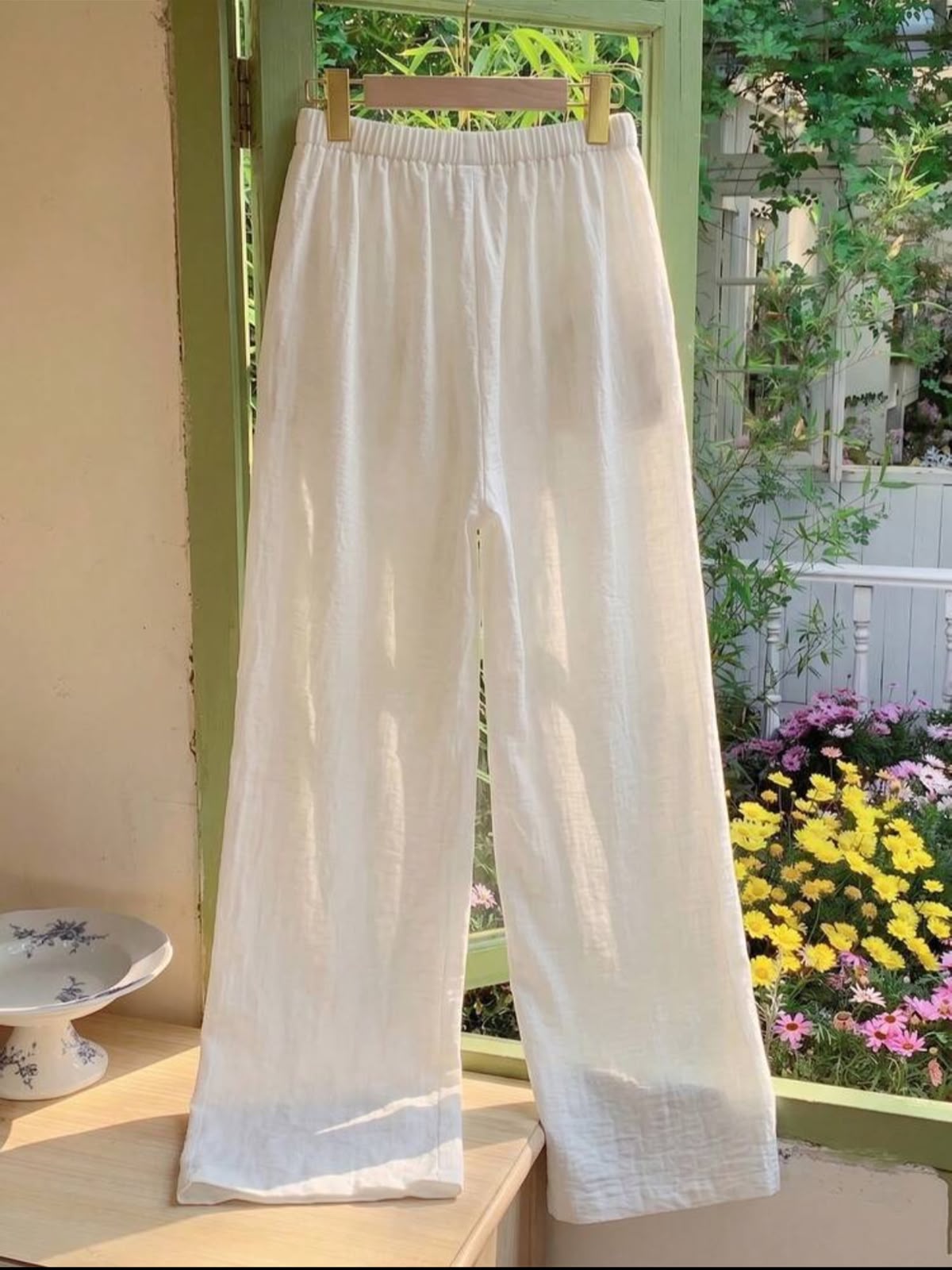 Pantalon Large Coton-Lin Gaufré Blanc – Image 2