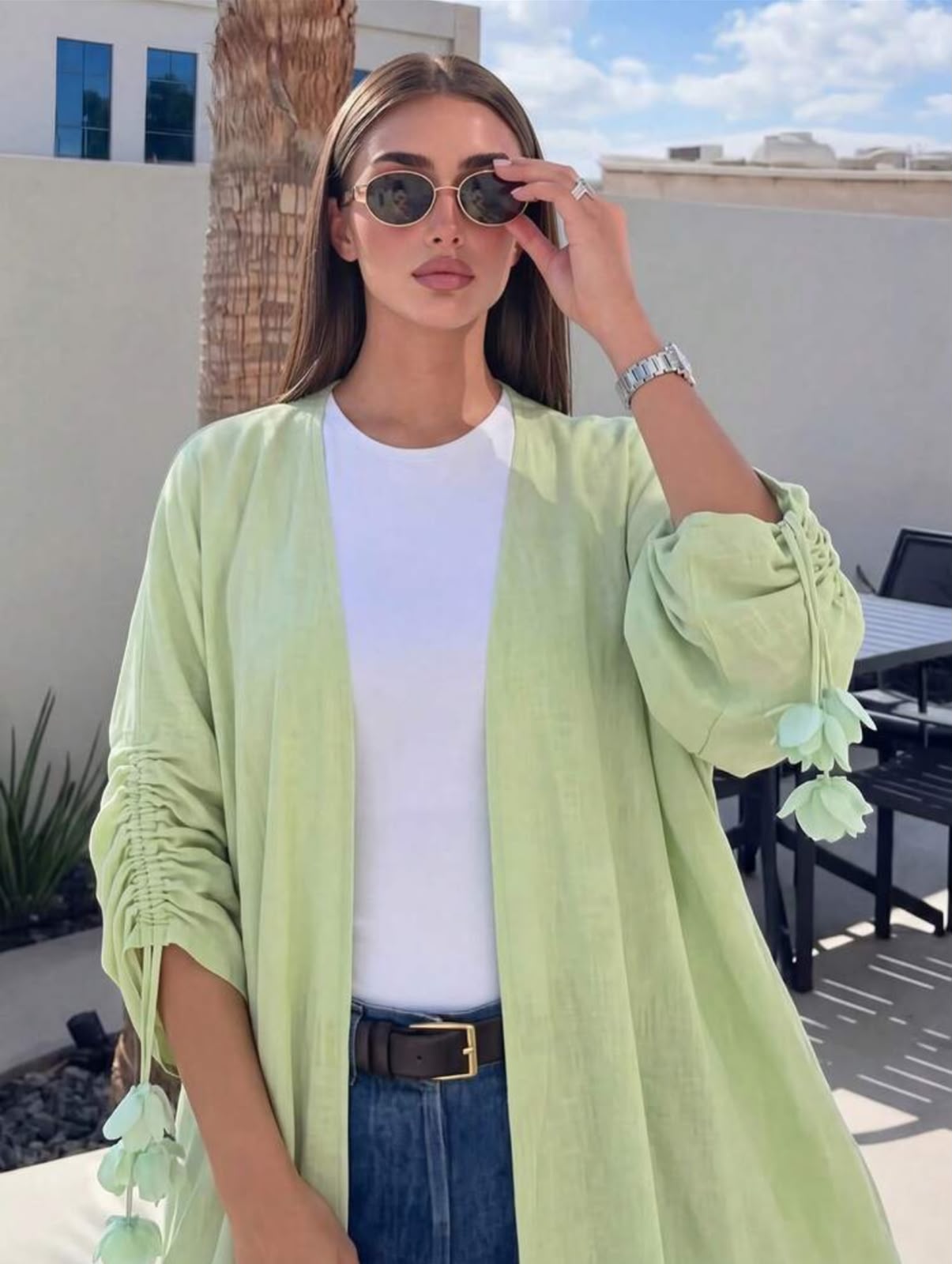 Kimono Abaya Ouvert Vert Menthe Effet Lin – Image 2
