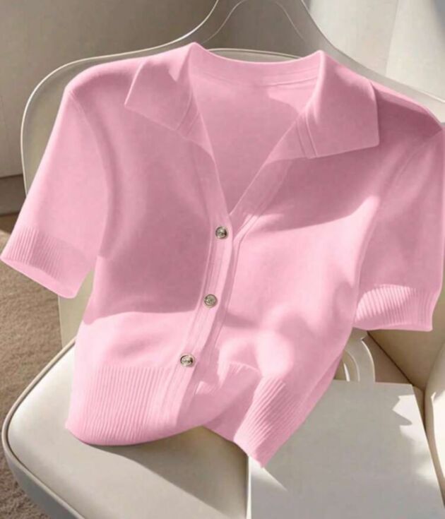 Top Polo Maille Fine Rose Bonbon
