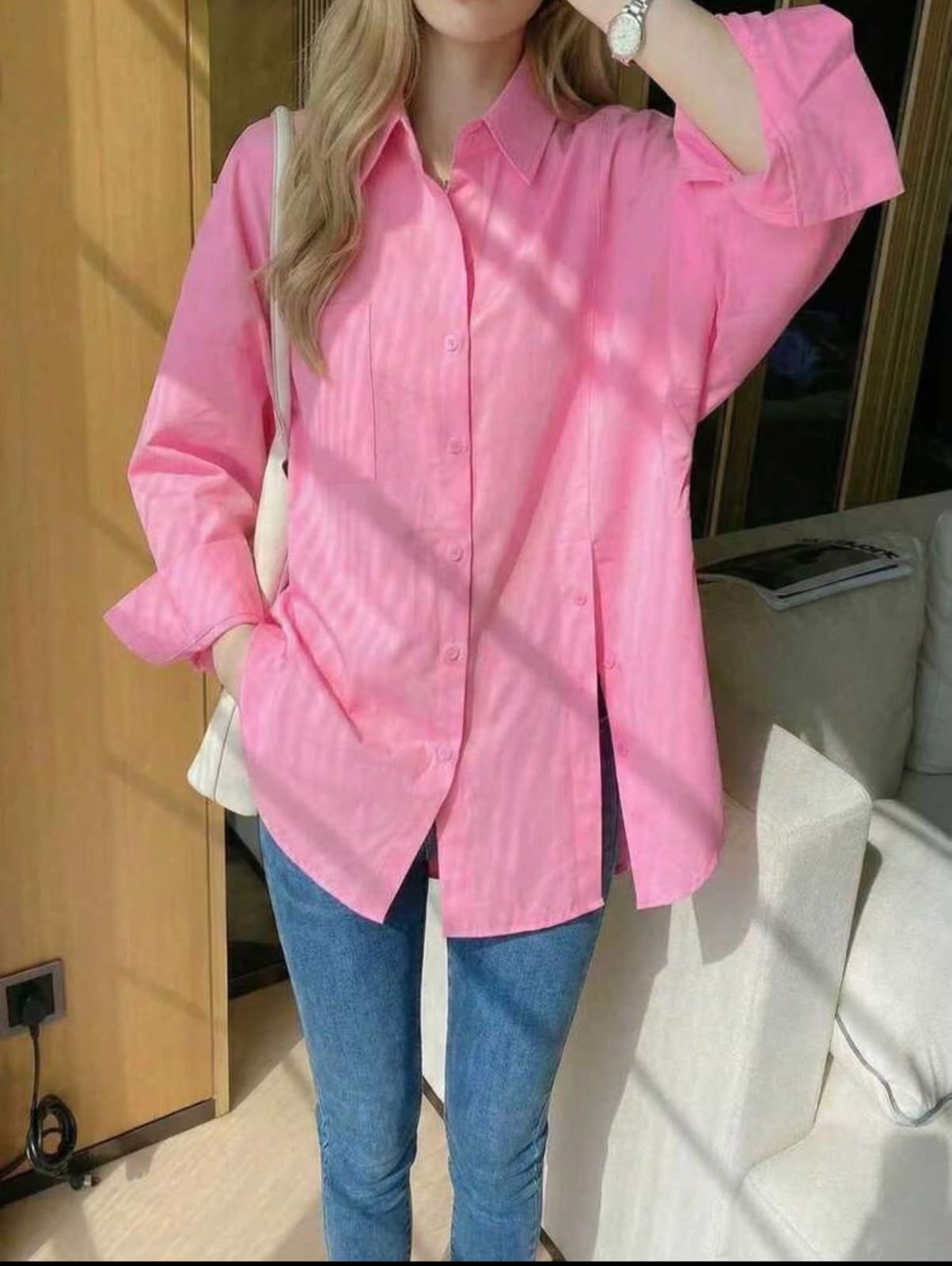 Chemise Oversize Rose Bonbon à Fentes