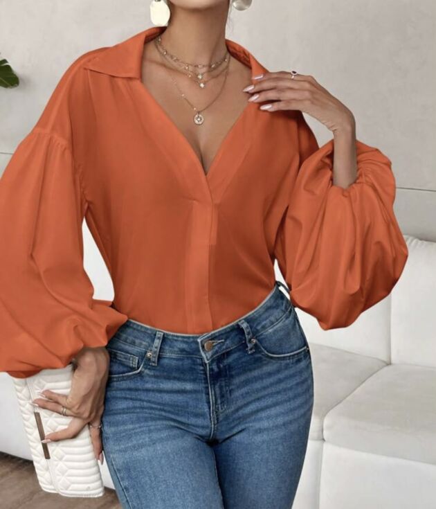 Chemisier Col V Profond Orange Brique