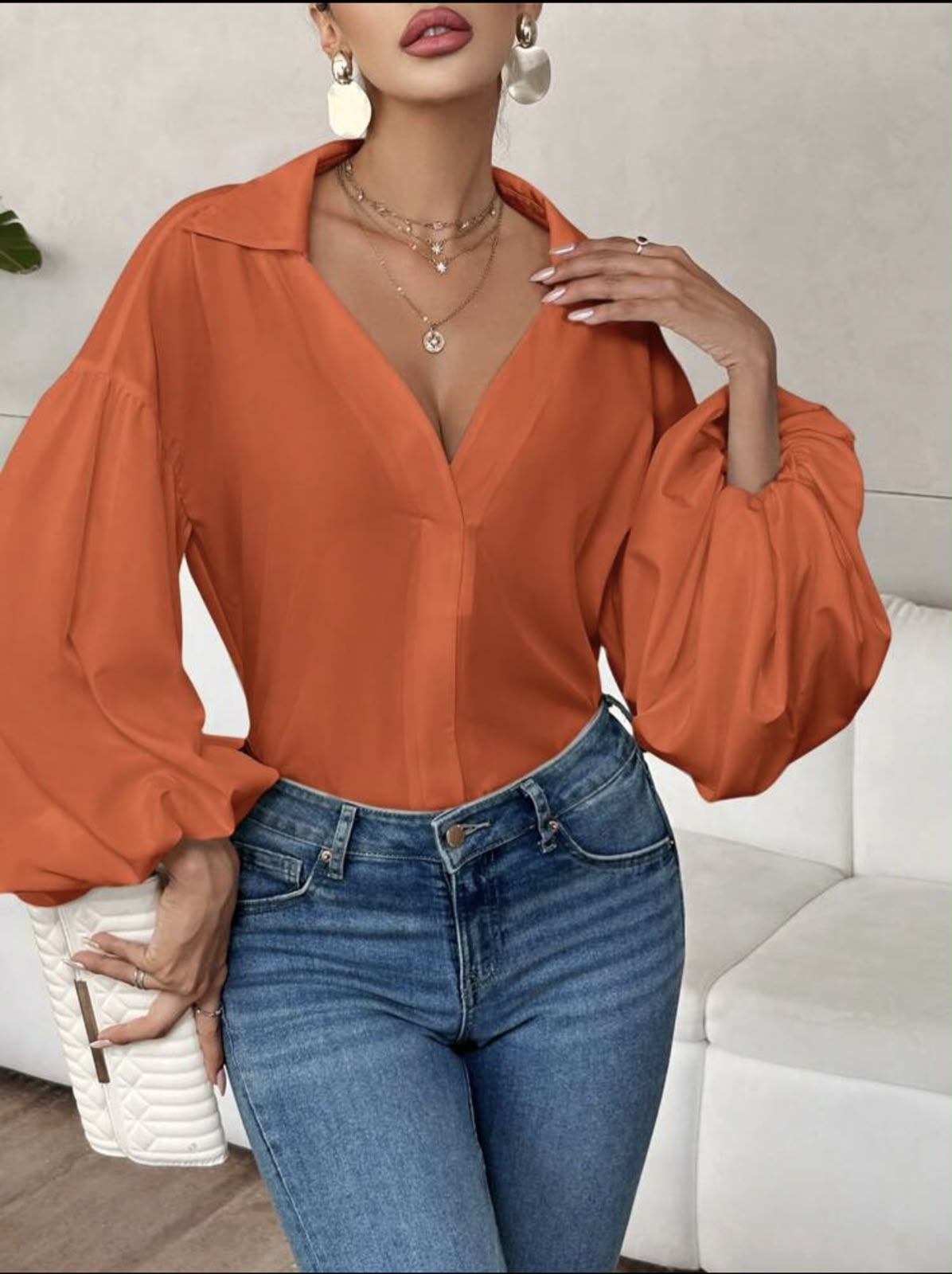 Chemisier Col V Profond Orange Brique