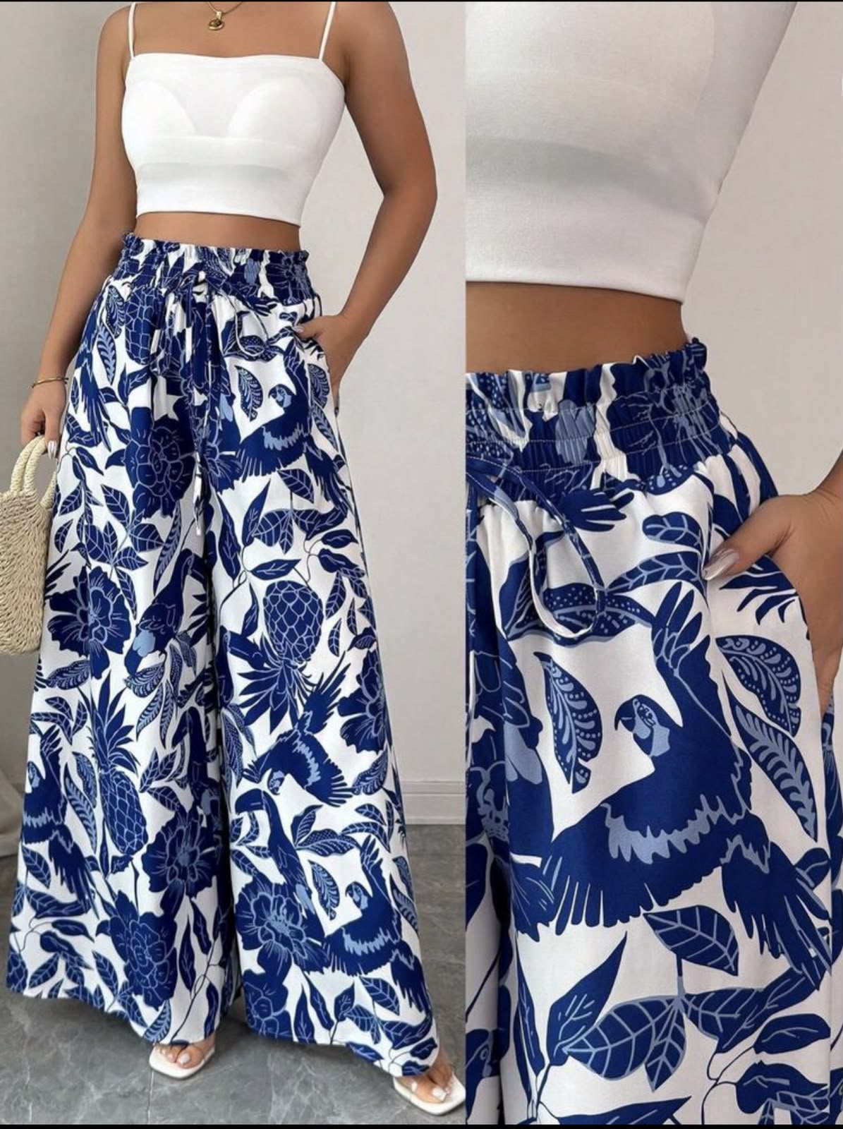 Pantalon Fluide Imprimé Bleu & Blanc