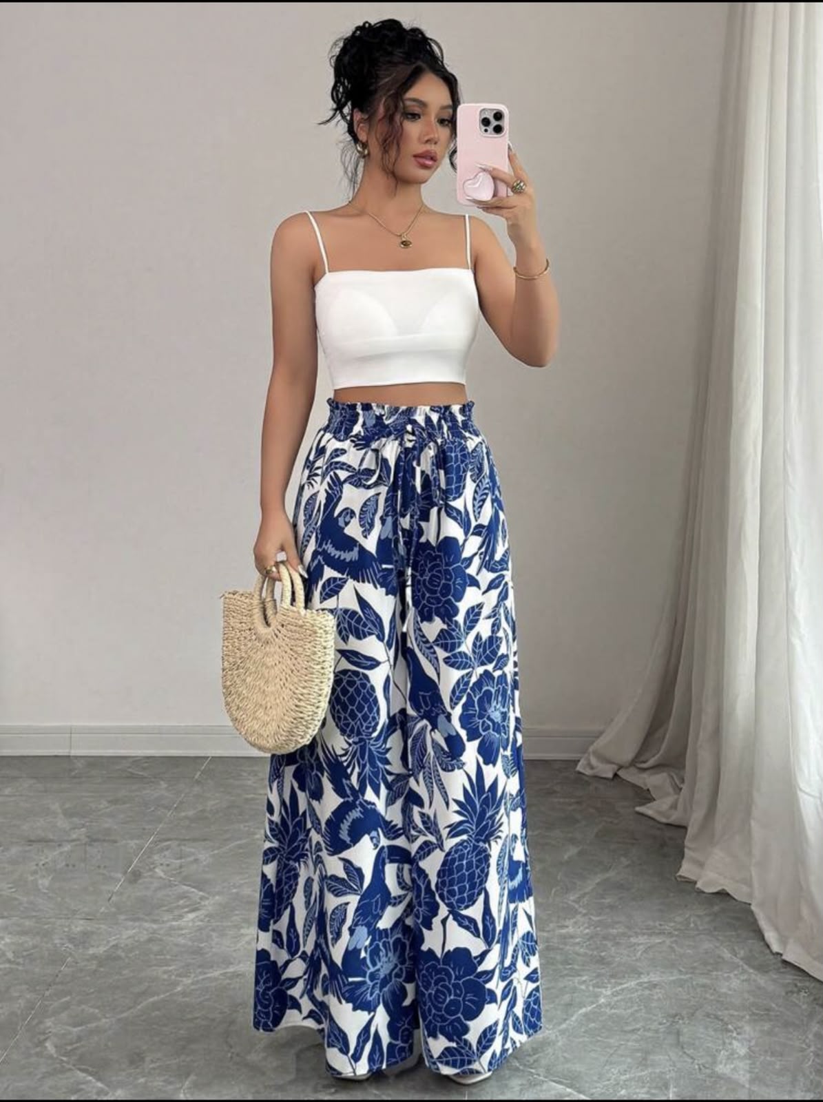 Pantalon Fluide Imprimé Bleu & Blanc – Image 2